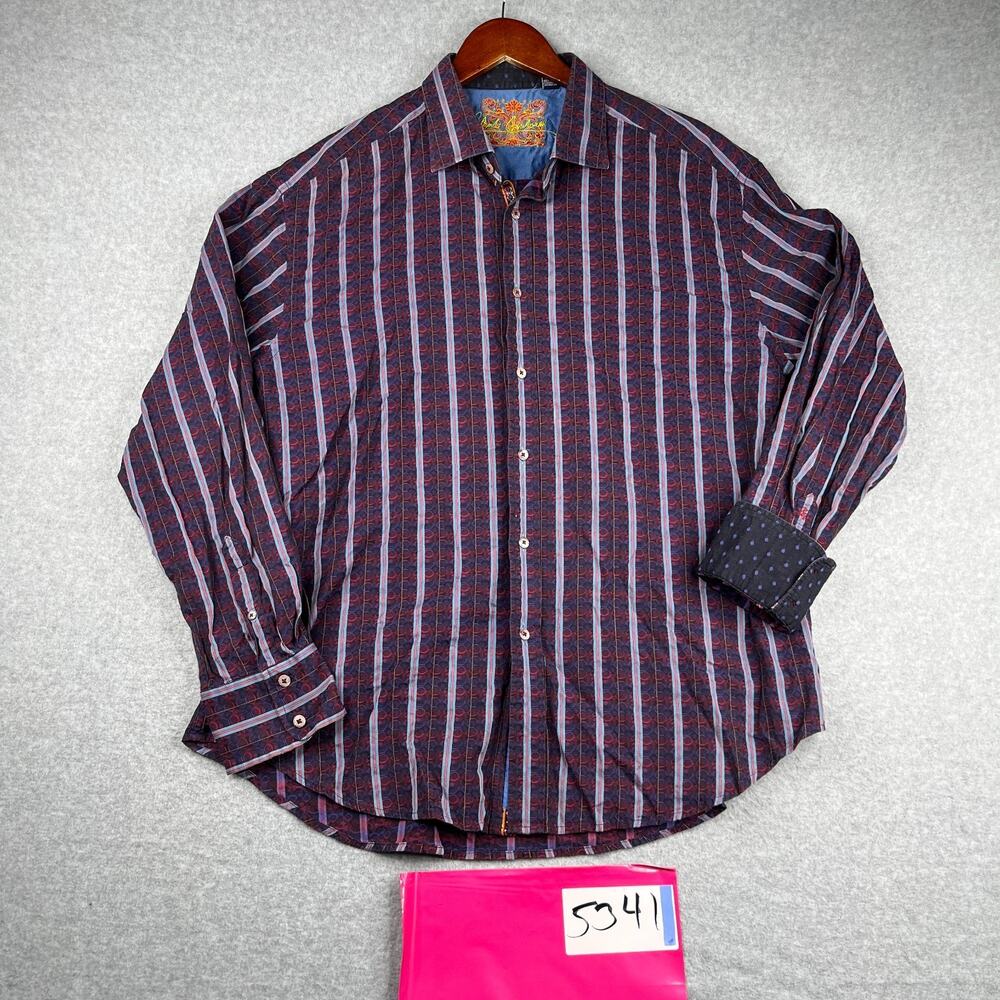 Robert Graham Shirt 2XL Blue Pink Striped Neon Flower Flip Cuff Button Up Mens